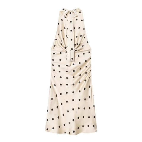 Women Halter Cowl Neck Satin Mini Dress Sexy Ruched Backless Polka Dot Solid Elegant Party Night Club Dress
