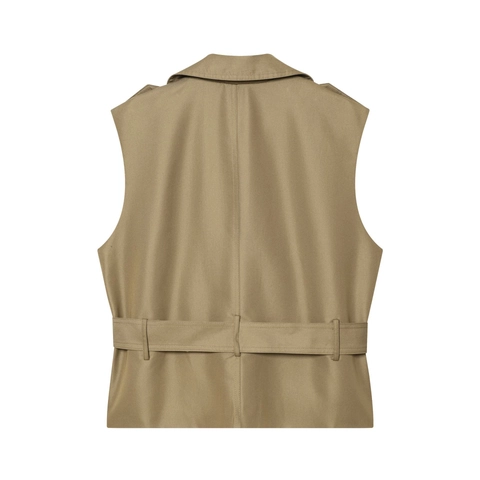 Damen Graben Stil Ärmellose Weste Zweireihig Revers Taille Gürtel Weste Lässig Schlank Khaki Top Büro Dame Tragen