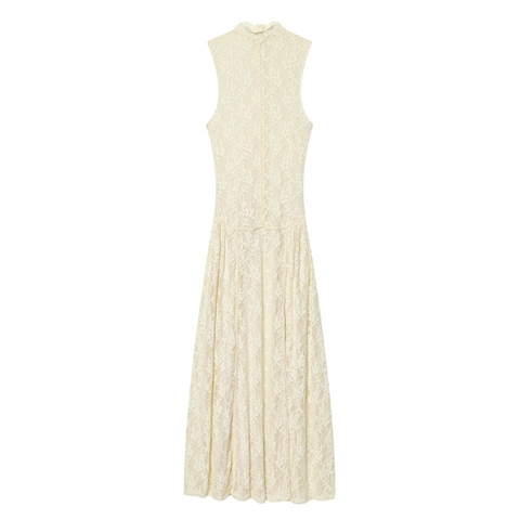 Damen Elegant Blumen Spitze Maxi Kleid Ärmellos Stehkragen Sexy Schlanke Passform Creme Lang Kleid Für Hochzeit Party