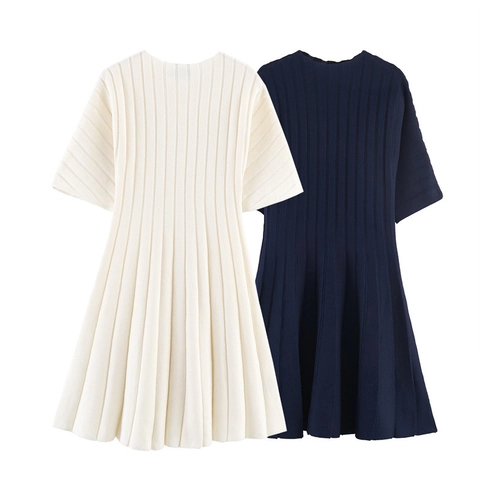Damen Casual Geripptes Strick Kurzarm A-Linie Midi Kleid Rundhals Einfarbig Polyester Sommer Mode Kleid