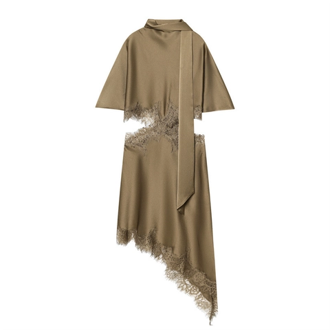 Sexy Satin Wimpernspitze Patchwork Midi Kleid Damen Stehkragen Schleife Taille Ausschnitt Asymmetrischer Saum Cocktailparty Kleid