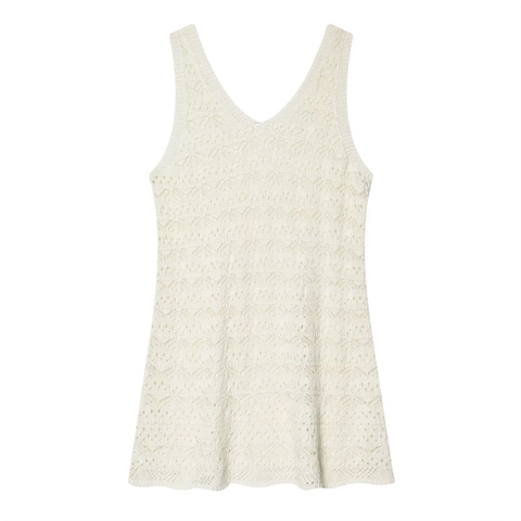 Damen Sexy V-Ausschnitt Ärmellos Ajour Gestrickt Midi Kleid Einfarbig Off-White Bodycon Ausschnitt Casual Party Mode Kleid