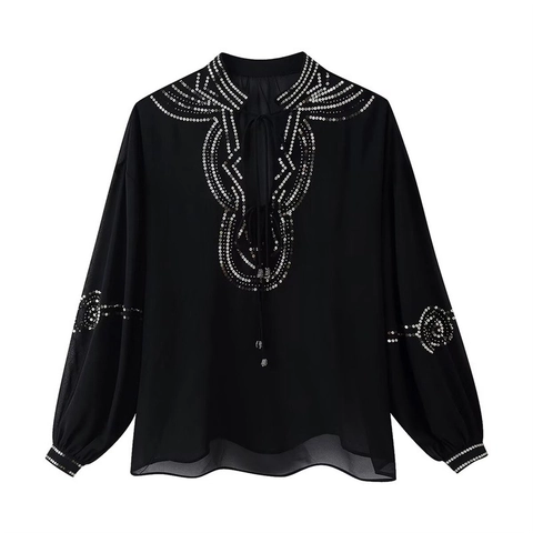 Damen Casual V Ausschnitt Pailletten Perlen Bluse Langarm Locker Schiffer Hemd Boho Ethnischen Stil Schwarz Tops