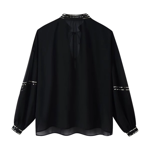 Damen Casual V Ausschnitt Pailletten Perlen Bluse Langarm Locker Schiffer Hemd Boho Ethnischen Stil Schwarz Tops