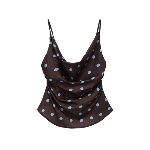 Canotta da Donna Vintage a Pois in Raso Scollo a Cappuccio Spalline Sottili Marrone Blu Sexy Aderente Smanicata Gilet da Festa