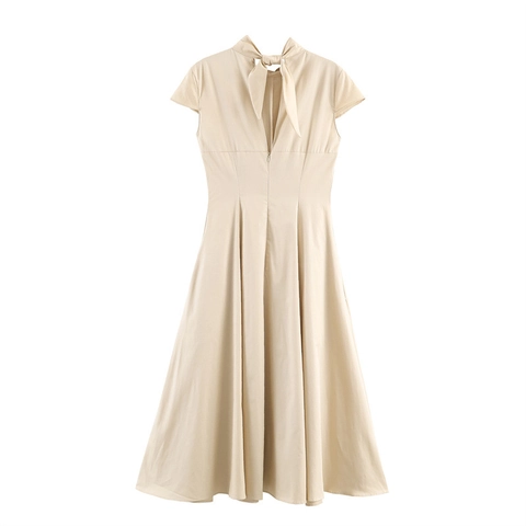 Women Elegant Solid Beige Midi A-Line Dress Stand Collar Tie-Neck Short Sleeve Slim Fit Office Lady Spring Dress