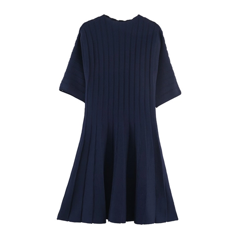 Damen Casual Geripptes Strick Kurzarm A-Linie Midi Kleid Rundhals Einfarbig Polyester Sommer Mode Kleid