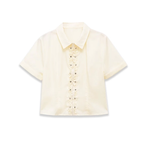 Women Short Sleeve Poplin Shirt Ruffle Trim Studded Detail Lapel Collar Elegant Apricot Blouse For Office Daily Lady Top