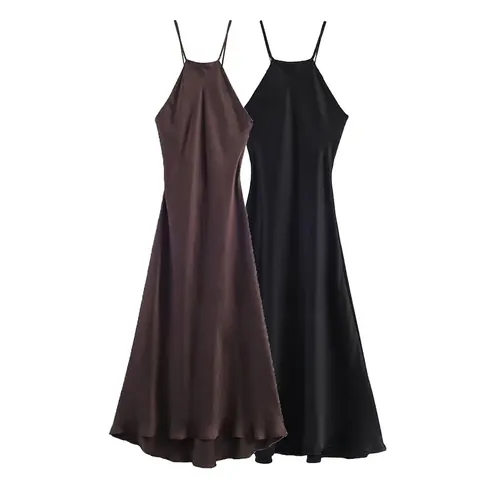Vestido Midi Halter de Satén Sexy para Mujer Sin Espalda Sin Mangas Color Sólido Elegante Vestido Línea A Ajustado para Fiesta Formal