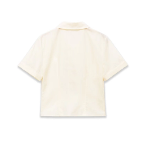 Women Short Sleeve Poplin Shirt Ruffle Trim Studded Detail Lapel Collar Elegant Apricot Blouse For Office Daily Lady Top