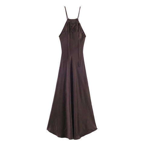 Vestido Midi Halter de Satén Sexy para Mujer Sin Espalda Sin Mangas Color Sólido Elegante Vestido Línea A Ajustado para Fiesta Formal