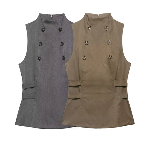 Women's Stand Collar Double Breasted Sleeveless Waistcoat Vest Solid Color Slim Fit Business Office Lady Commute Summer Top