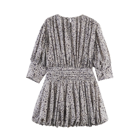 Dames Boho Bloemen Minijurk Casual Gesmokte Taille Pofmouwen Ronde Hals Ballonrok Chiffon Gevoel Korte Jurk