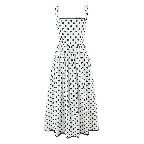 Vintage Cotton Polka Dot Gingham Maxi Dress For Women Sexy Square Neck Sleeveless Lace Trim Backless French Country Style