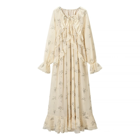 Elegantes Blumen Rüschen Maxikleid V Ausschnitt Langarm Chiffon Fließend Hohe Taille Gestufter Saum Beige Blattdruck Party Kleid