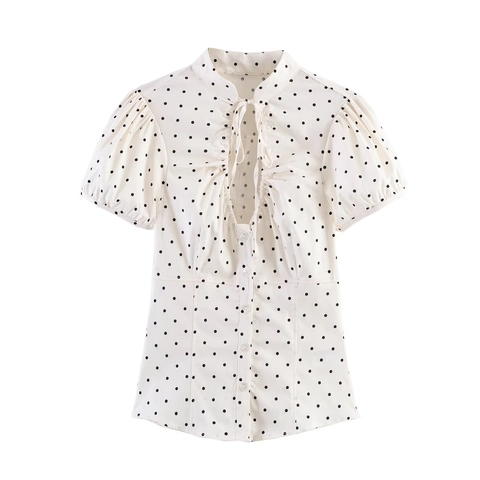 Top de Popelina con Mangas de Farol y Lazo para Mujer Lunares Color Sólido Manga Corta Camisa Informal de Moda Callejera