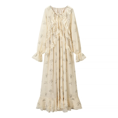 Women Elegant Floral Long Sleeve Midi Dress V Neck Ruffle Tiered Cake Skirt Slim Waist Chiffon Look Polyester Long Dress