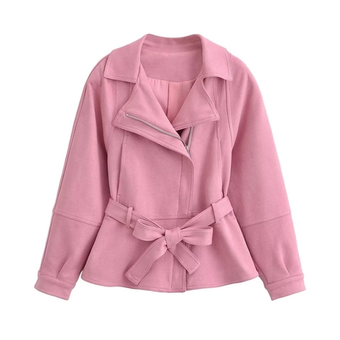 Women Casual Faux Suede Pink Jacket With Belt Lapel Zipper Long Sleeve Streetwear Outerwear Spring Autumn Fashion Coat