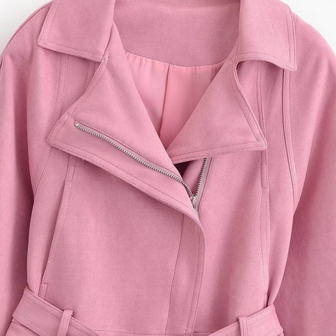 Women Casual Faux Suede Pink Jacket With Belt Lapel Zipper Long Sleeve Streetwear Outerwear Spring Autumn Fashion Coat