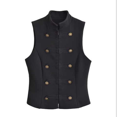 Damen Militärstil Ärmellose Weste Stehkragen Vintage Goldknopf Dekoration Borte Polyester Kurze Weste Schwarz