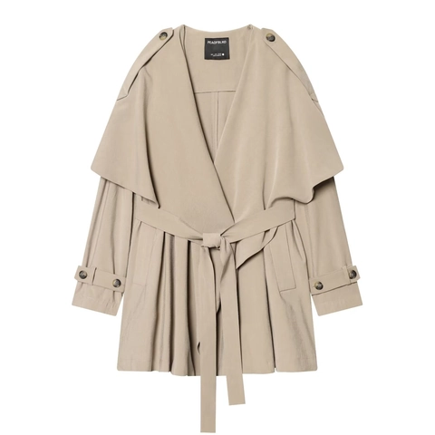 Französischer Stil Damen Kurzer Grabenmantel Khaki Doppellagiger Cape Revers Gürtel Reguläre Passform Polyester Windjacke