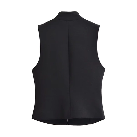 Damen Militärstil Ärmellose Weste Stehkragen Vintage Goldknopf Dekoration Borte Polyester Kurze Weste Schwarz