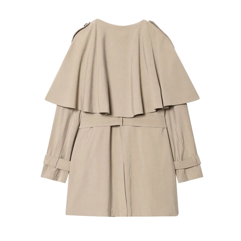 Französischer Stil Damen Kurzer Grabenmantel Khaki Doppellagiger Cape Revers Gürtel Reguläre Passform Polyester Windjacke