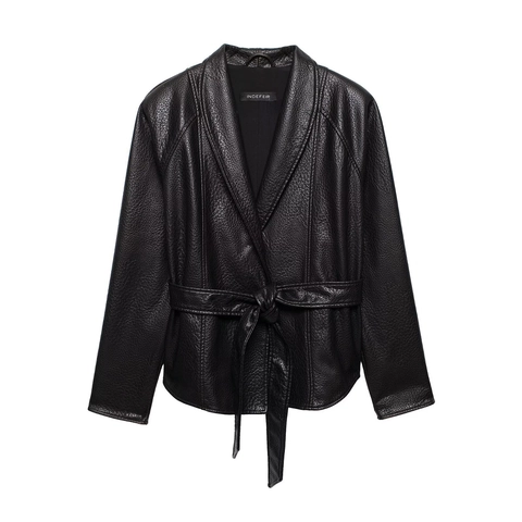 Women Elegant Black Pebble Grain PU Leather Jacket Lapel Long Sleeve Belted Wrap Outerwear Casual Solid Urban Fashion Coat