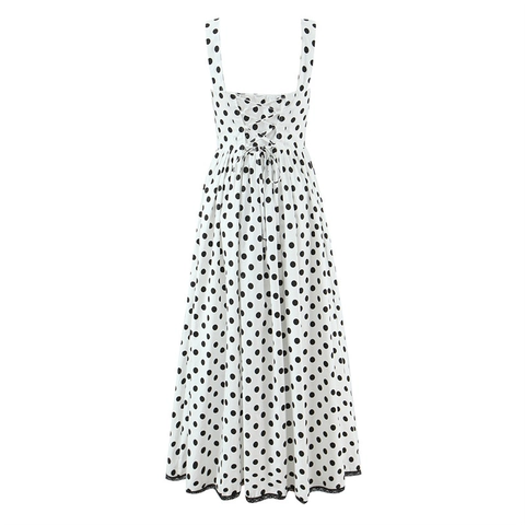 Vintage Cotton Polka Dot Gingham Maxi Dress For Women Sexy Square Neck Sleeveless Lace Trim Backless French Country Style