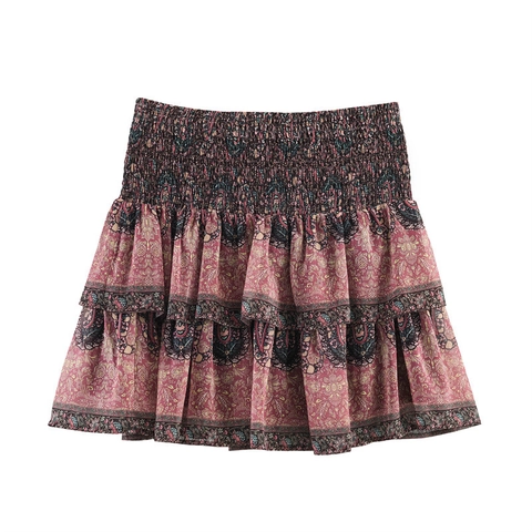 Gonna Corta da Donna Bohemian con Stampa Paisley Vita a Punto Smock Balze Sovrapposte Streetwear Sexy Chiffon Linea A