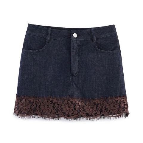 Fashion Women Denim Skort Dark Blue Polyester Mini Skirt With Brown Floral Lace Patchwork Hem Streetwear Casual Bottom