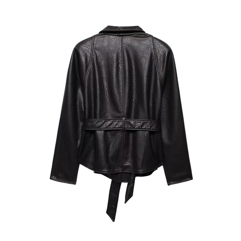 Women Elegant Black Pebble Grain PU Leather Jacket Lapel Long Sleeve Belted Wrap Outerwear Casual Solid Urban Fashion Coat