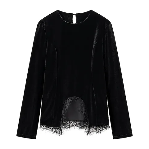 Dames Elegante Fluwelen T-Shirt met Lange Mouwen Kant Patchwork Vetersluiting Rug Ronde Hals Slim Fit Casual Mode Retro Top