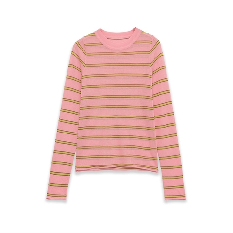 Haut en Tricot Rayé Décontracté pour Femmes Manches Longues Col Rond Polyester Coupe Ajustée Pullover Rayures Roses et Vertes Pull en Tricot