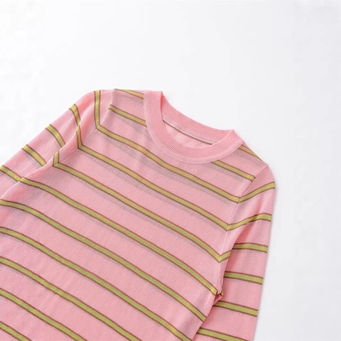 Haut en Tricot Rayé Décontracté pour Femmes Manches Longues Col Rond Polyester Coupe Ajustée Pullover Rayures Roses et Vertes Pull en Tricot