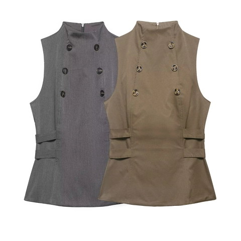 Dames Kantoor Chique Vest Top Hooggesloten Mouwloos Effen Kleur Double-Breasted Knopen Slim Fit Khaki Grijs Polyester Vest