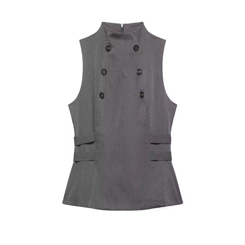 Dames Kantoor Chique Vest Top Hooggesloten Mouwloos Effen Kleur Double-Breasted Knopen Slim Fit Khaki Grijs Polyester Vest