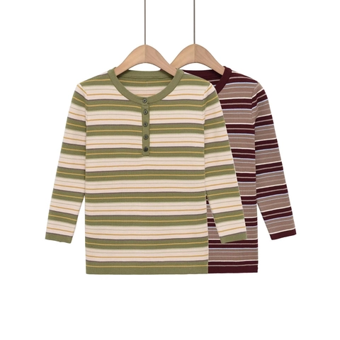 T-shirt en Maille à Rayures pour Femmes Décontracté à Manches Longues Boutonné Pull Nervuré Haut pour Printemps Automne Mailles Pull
