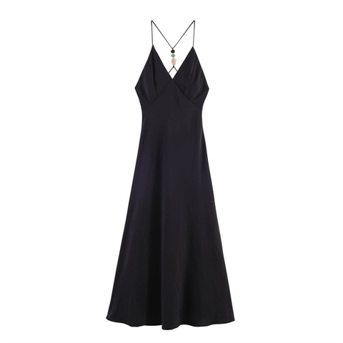 Sexy Zwarte Slipjurk Voor Dames Met V-hals Rugloos Kruisbandjes Parels Elegante Satijnlook Polyester Midi-jurk