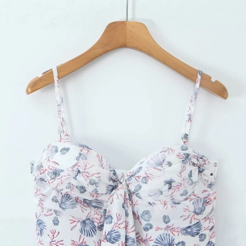 Vrouwen Mode Oceaan Print Slim Overgooier Met Strik Rugloos Mini Jurk Zomer Strand Mouwloos Ruffle Zoom Jurk