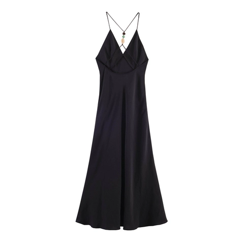 Sexy Zwarte Slipjurk Voor Dames Met V-hals Rugloos Kruisbandjes Parels Elegante Satijnlook Polyester Midi-jurk