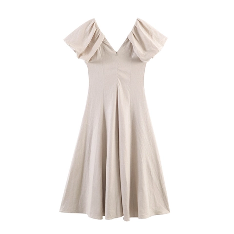 Franse Vintage Linnen Midi Jurk Dames Elegant V-hals Pofmouwen Beige Effen Kleur A-lijn Casual Zomerjurk