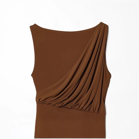 French Style Pleated Asymmetric Drape Maxi Dress For Women Sleeveless Slim Fit Dark Brown Elegant Solid Color Long Dress