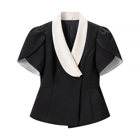 Damen Street Fashion Kontrast Schalkragen Kurzarm Blazer Top Und Ballonrock Set Zweiteiler Partykleidung