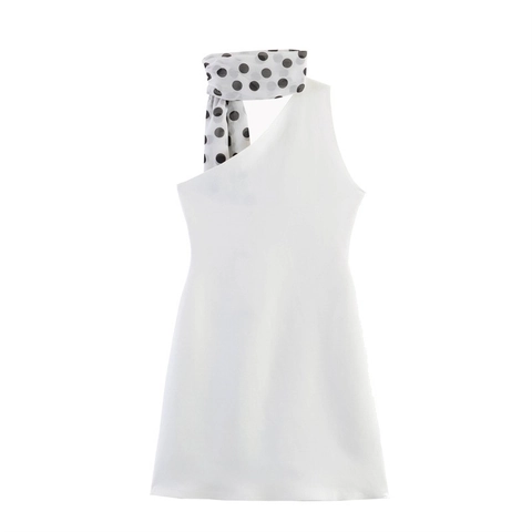 Damen Sexy Weiß Neckholder Kleid Mit Ein Schulter Und Gepunktetem Schal Rückenfrei Schlanke Passform Midi Party Kleid