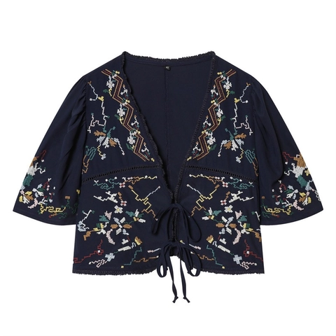 Haut Boho pour Femmes Bleu Marine avec Broderie Florale Col en V Manches Courtes Nœud Devant Polyester Ethnique Décontracté