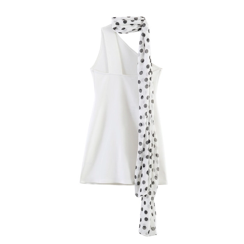 Damen Sexy Weiß Neckholder Kleid Mit Ein Schulter Und Gepunktetem Schal Rückenfrei Schlanke Passform Midi Party Kleid