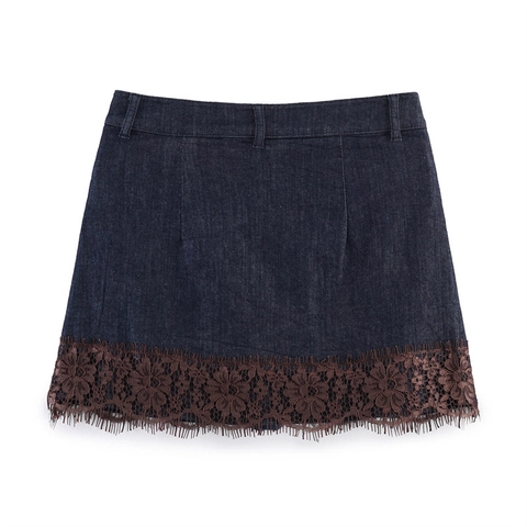 Damen Mode High Waist Denim Skort Mit Floralem Spitzen Patchwork Saum Vintage A-Linie Minirock Sexy Hot Girl Unterteile