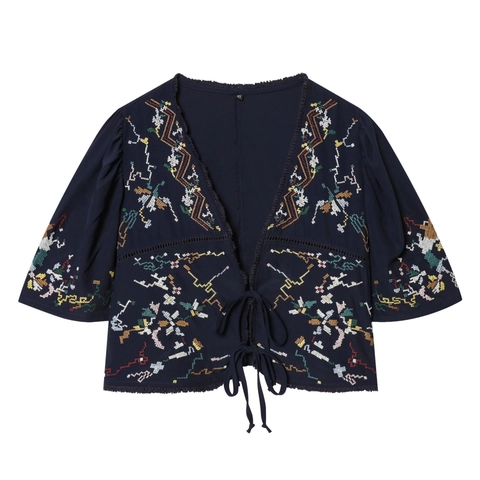 Women Bohemian Navy Blue Embroidered V-Neck Lace-Up Short Blouse Ethnic Floral Geometric Embroidery Flared Sleeve Top