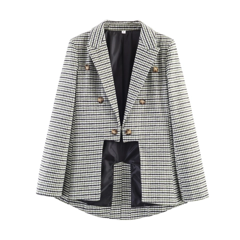 Franse Vintage Blazer voor Dames Hanevoet Patroon Asymmetrische Zoom Double Breasted Revers Lange Mouwen Ruitjes Kort Jasje